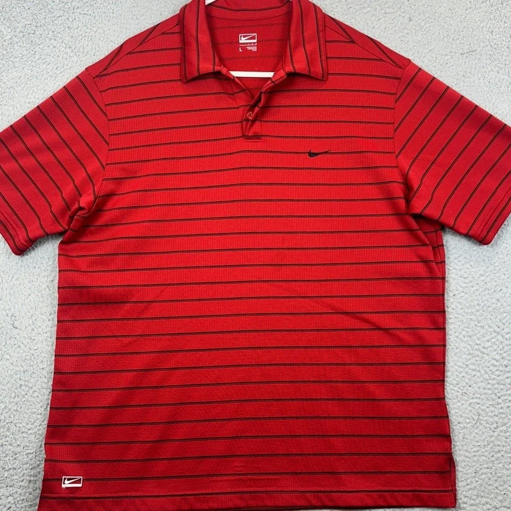 Nike Performance Polo Shirt Mens Large Red Black Striped Golf Rugby Short Sleeve